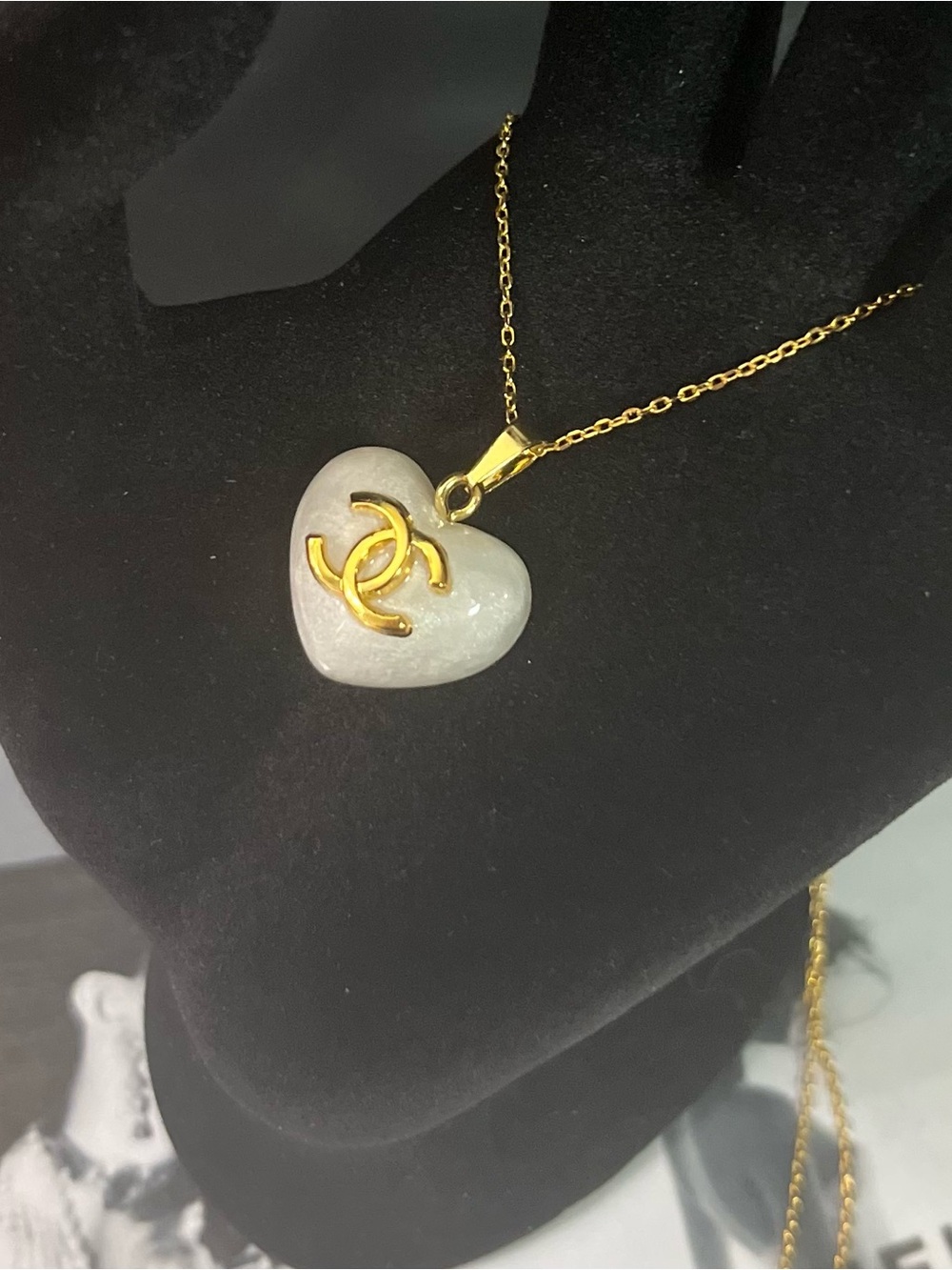 CHANEL Gold & White Heart Pendant Necklace